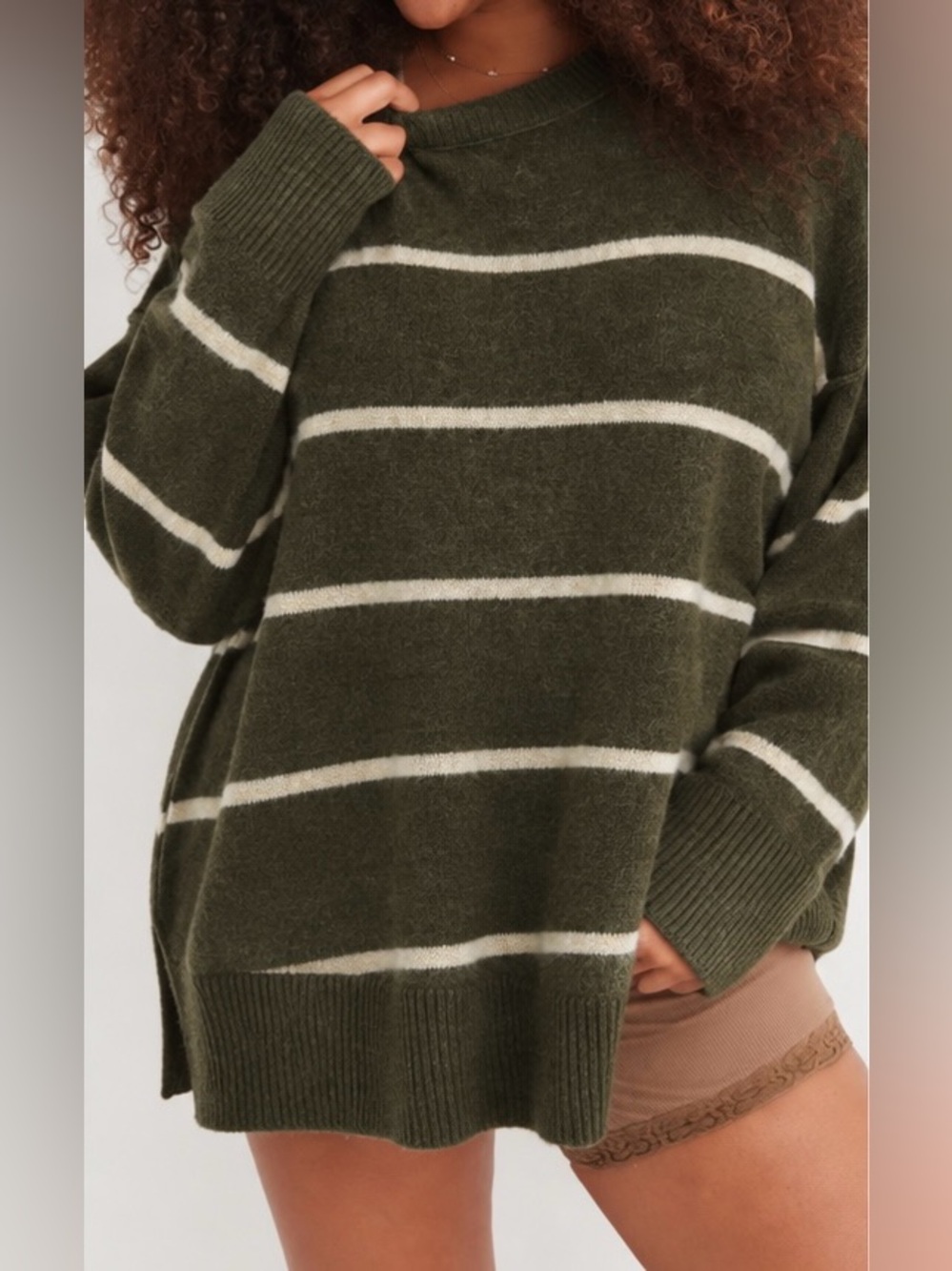 aerie Olive Green & White Striped Crewneck Fuzzy Oversized Sweater - Size M